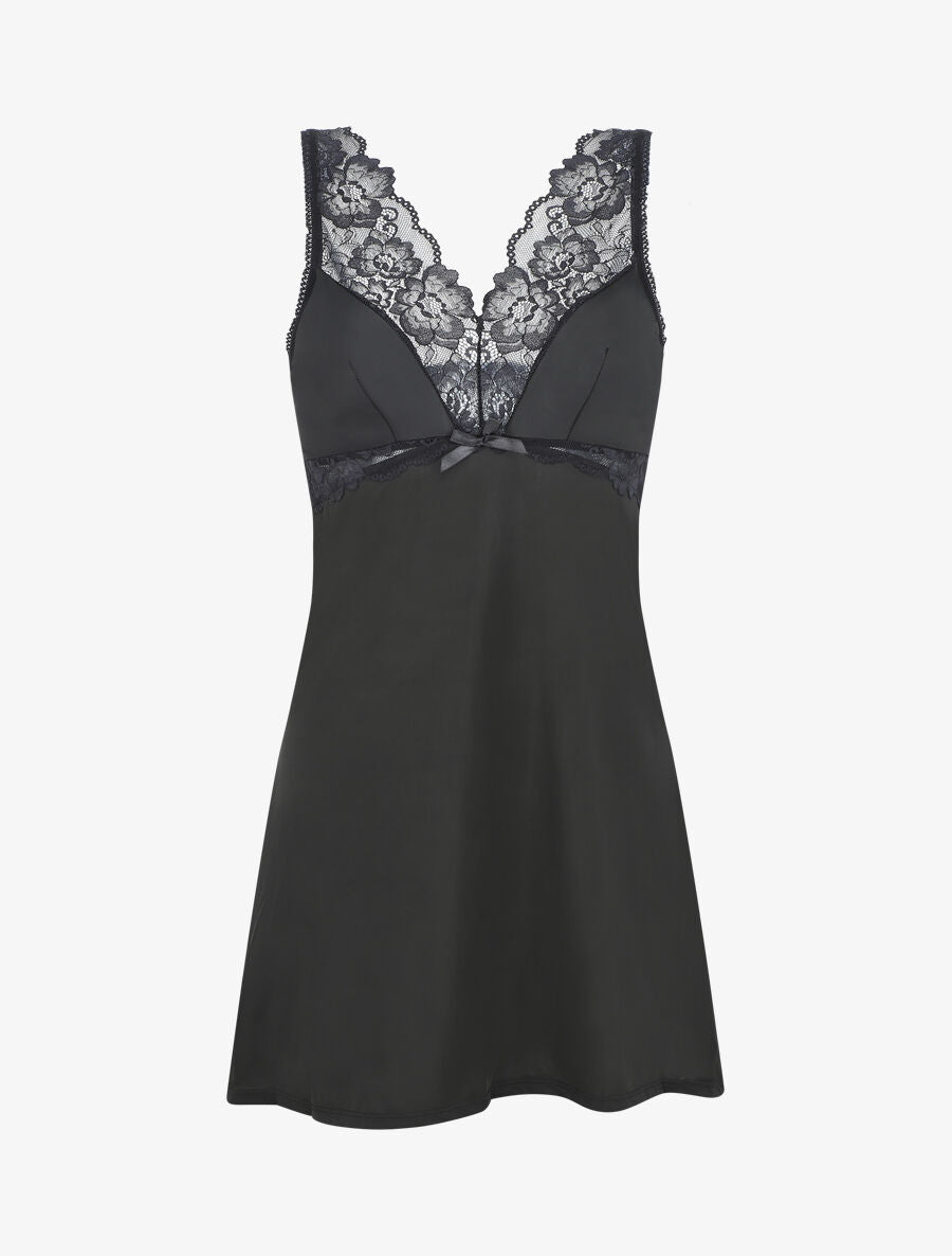 Robe nuisette à col en dentelle - Noir - 4