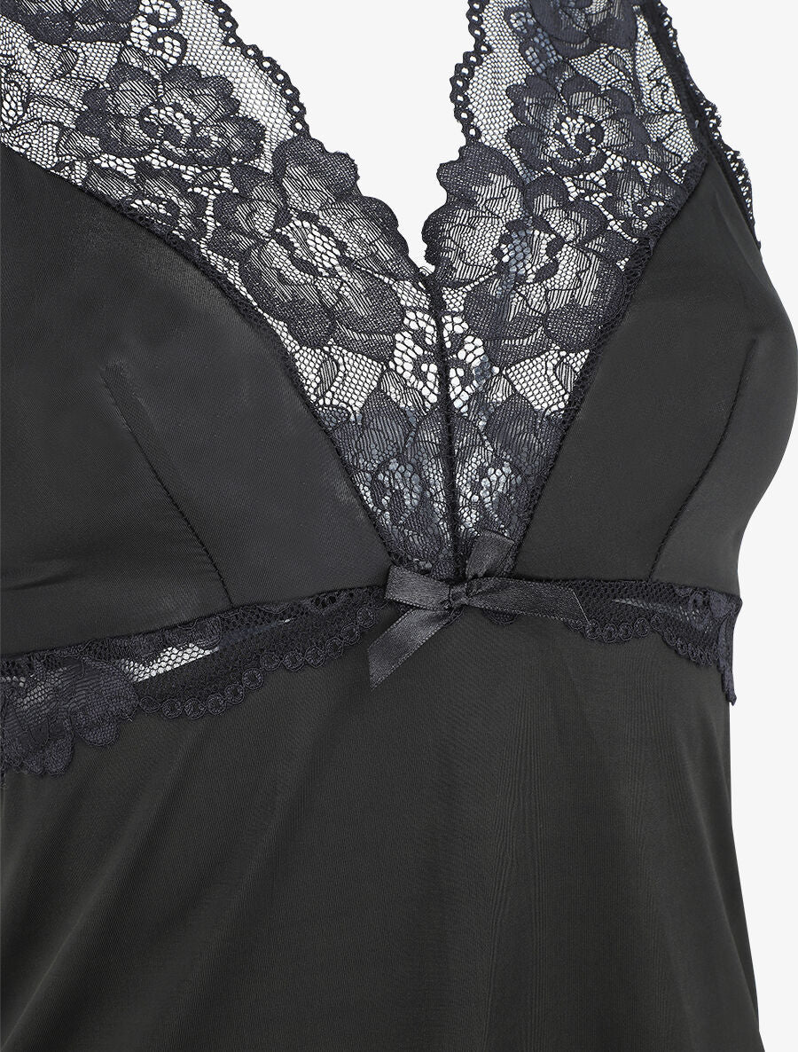 Robe nuisette à col en dentelle - Noir - 3