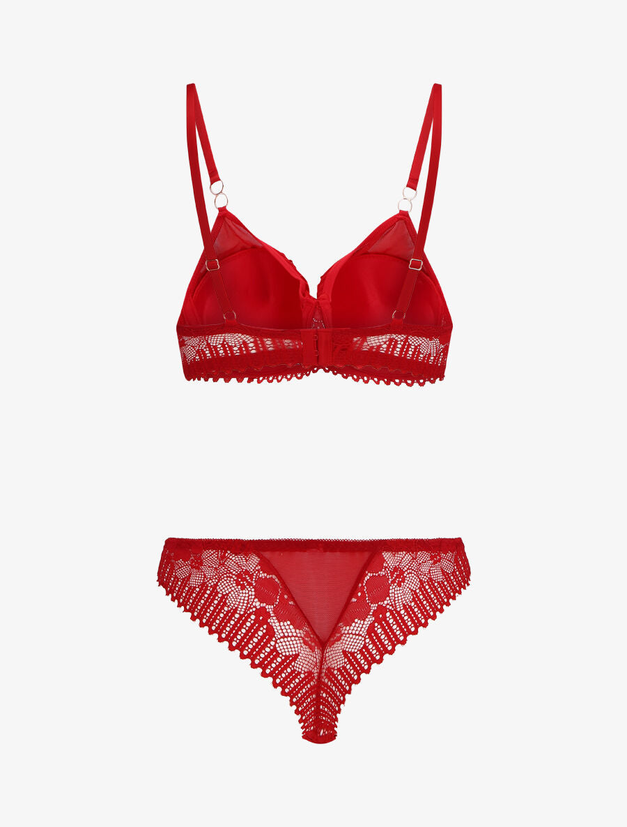 Ensemble soutien-gorge et string en dentelle - Rouge - 2