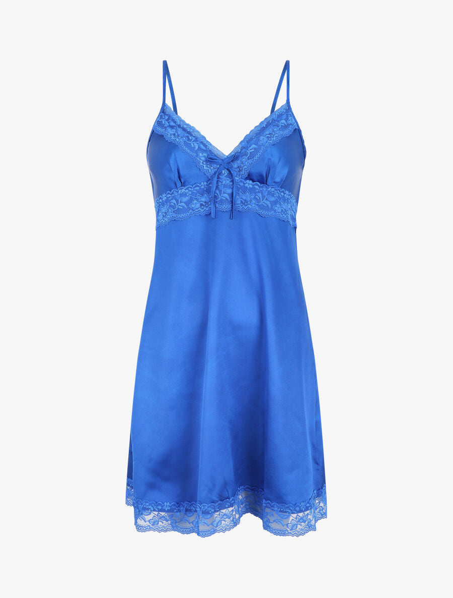 Nuisette unie à dentelle effet satiné - Bleu roi - 1