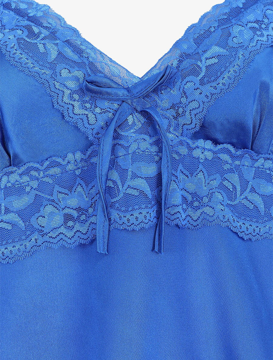 Nuisette unie à dentelle effet satiné - Bleu roi - 3
