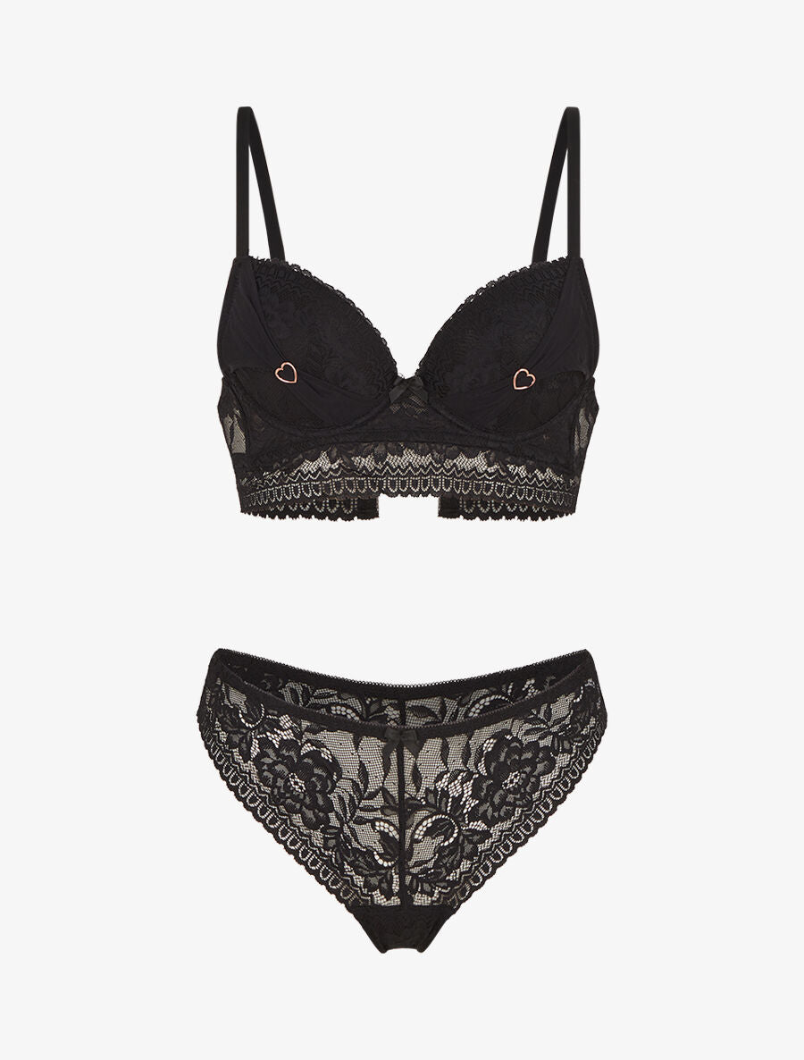 Ensemble soutien-gorge et tanga et bijoux coeurs - Noir - 1