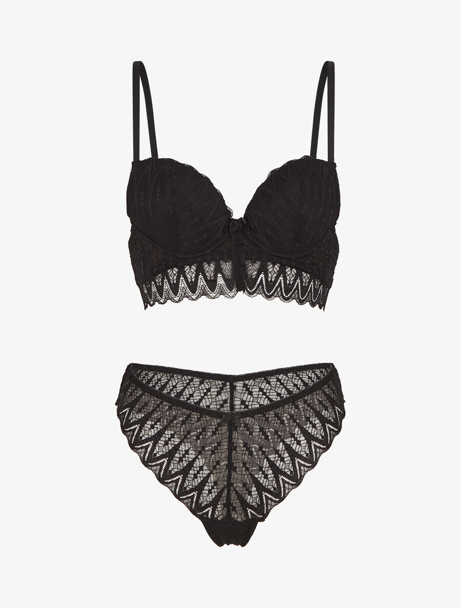 Ensemble soutien-gorge et tanga en dentelle ajourée - Noir - 3