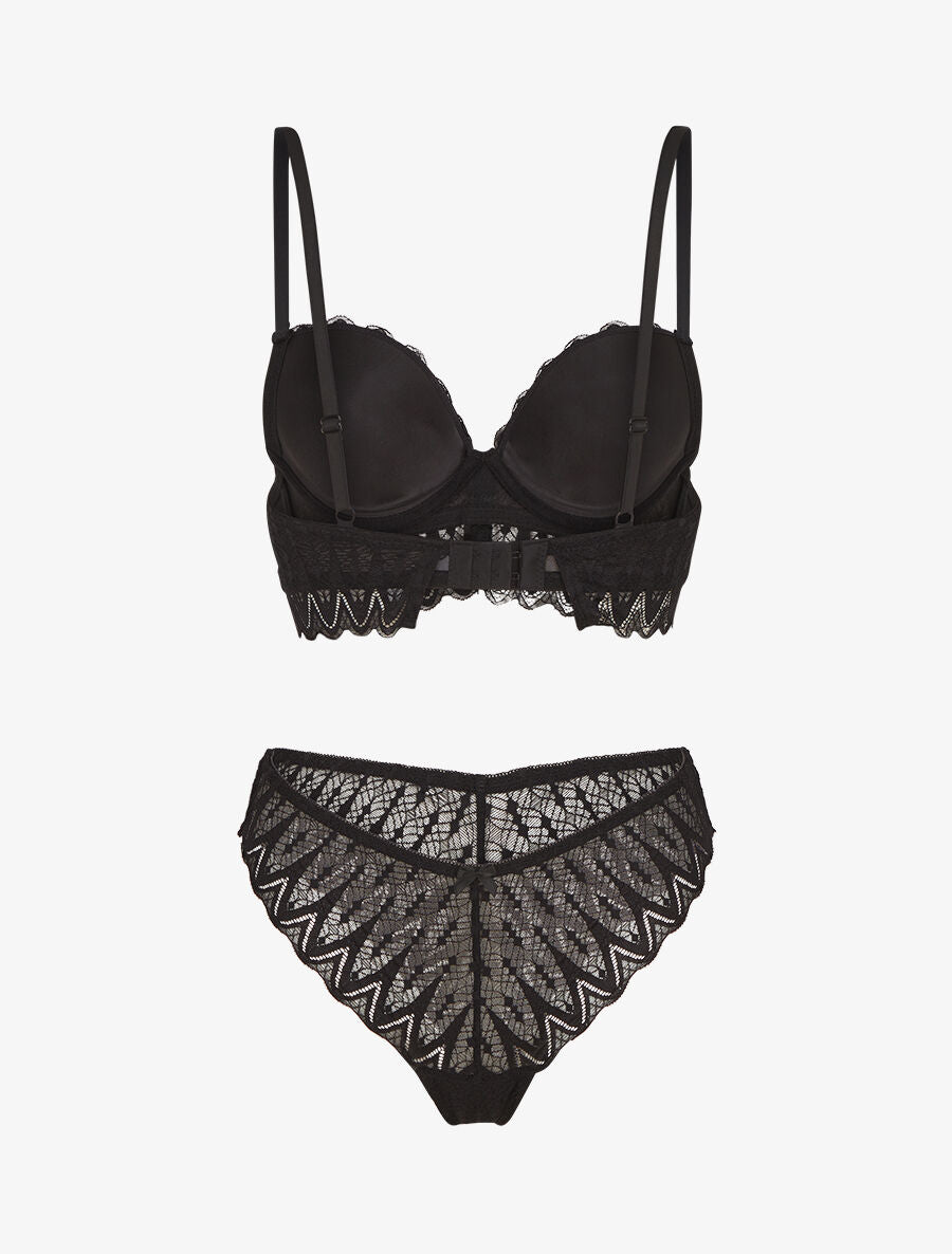 Ensemble soutien-gorge et tanga en dentelle ajourée - Noir - 2