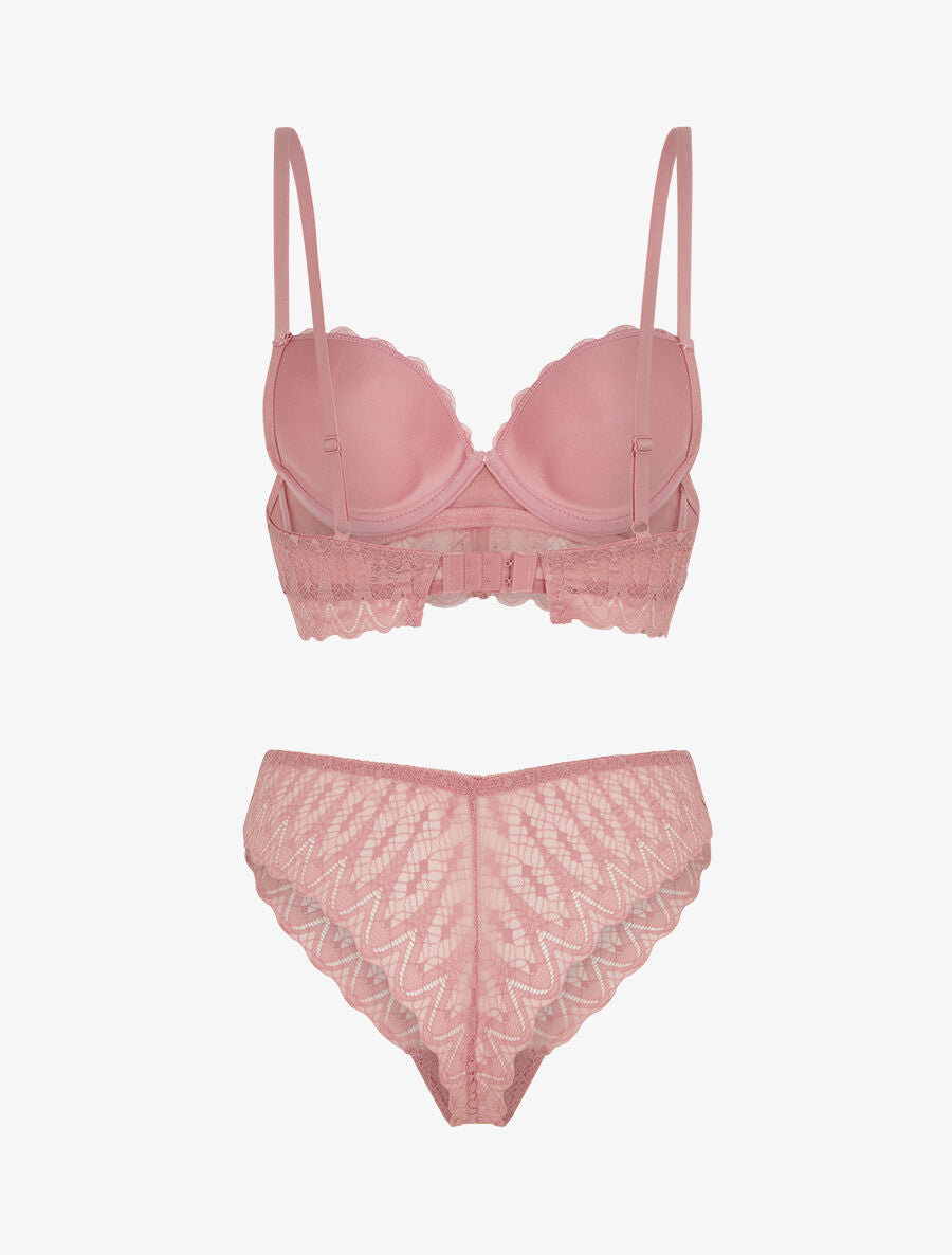 Ensemble soutien-gorge et tanga en dentelle ajourée - Vieux rose - 2