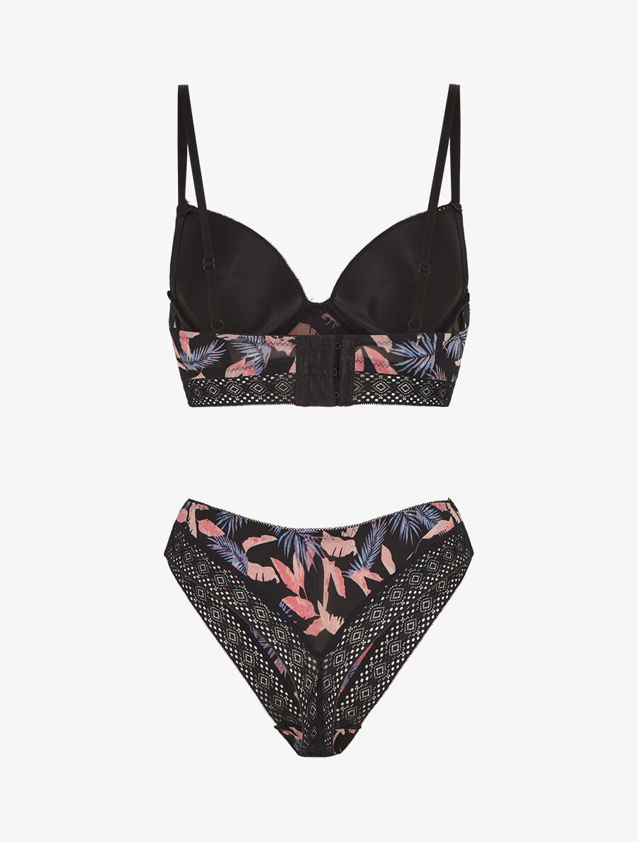 Ensemble soutien-gorge et tanga imprimé feuillage - Noir - 2