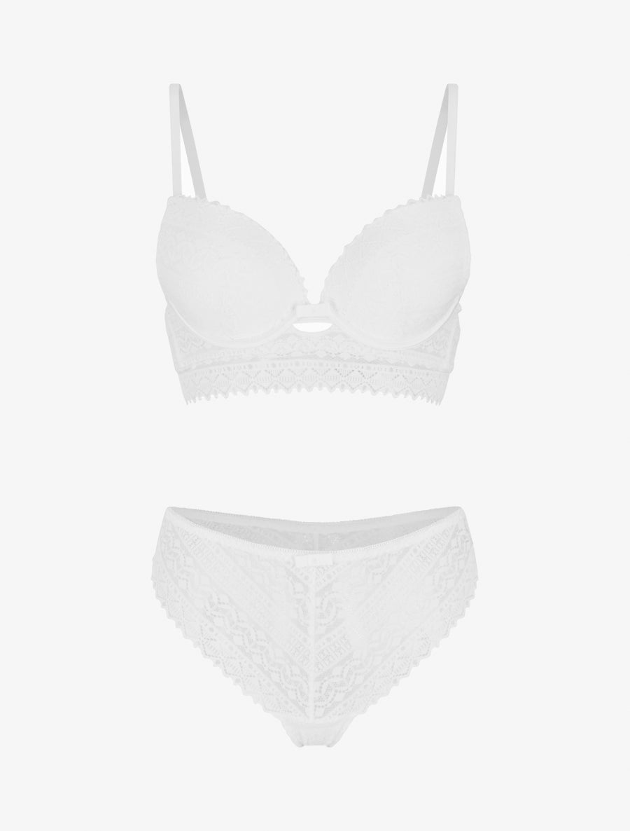Ensemble soutien-gorge avec nœuds et tanga ajouré en dentelle - Blanc - 1