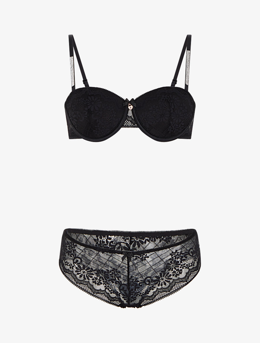 Ensemble soutien-gorge et culotte ajouré à bretelles strassées - Noir - 1