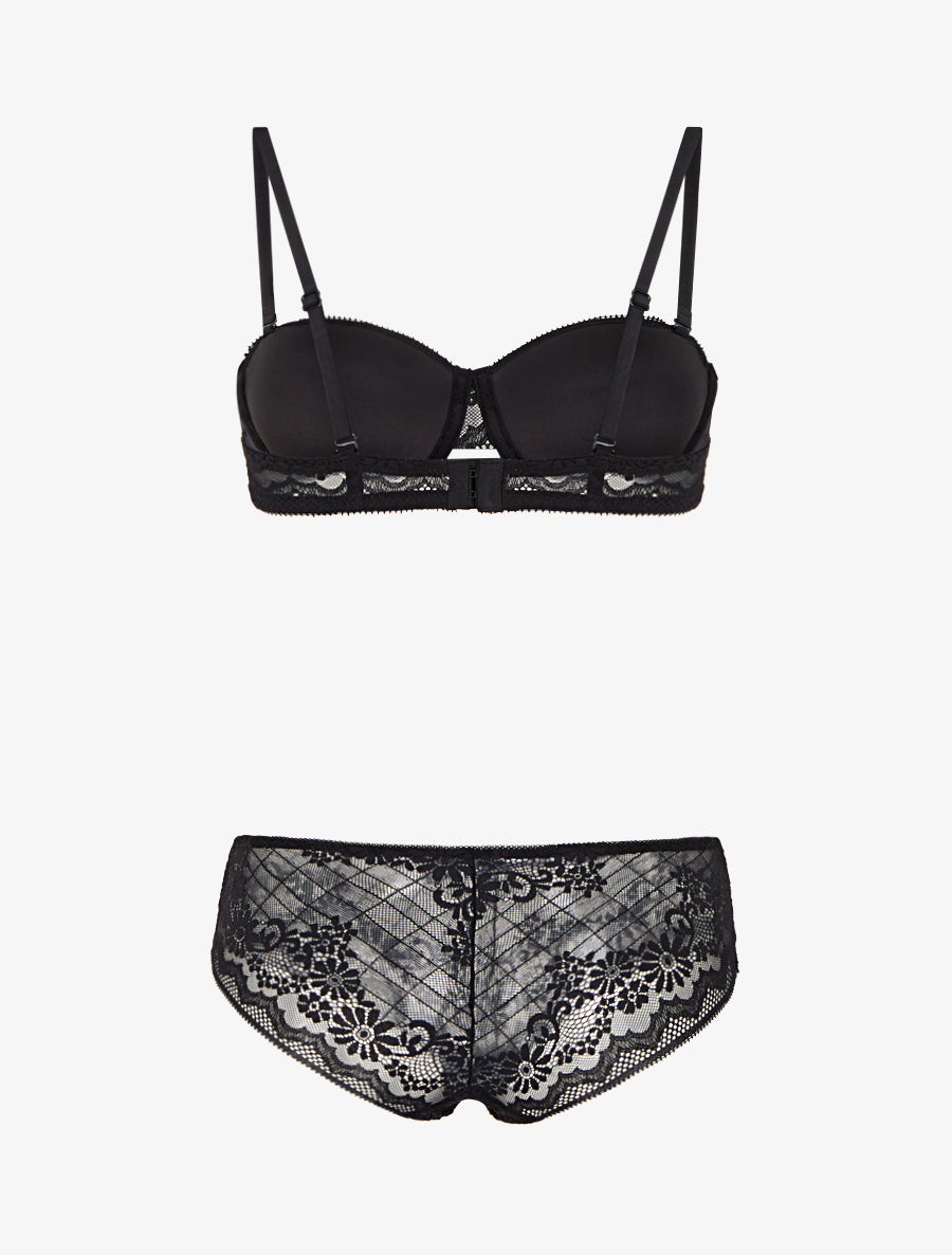 Ensemble soutien-gorge et culotte ajouré à bretelles strassées - Noir - 2