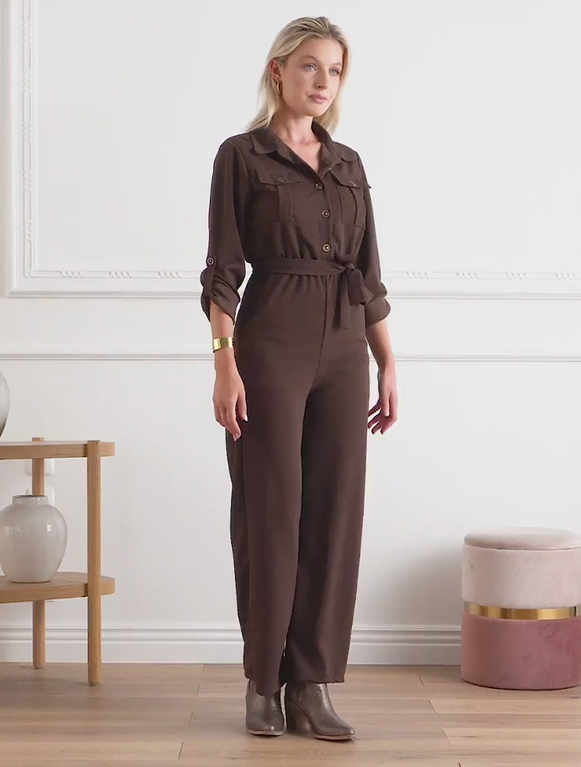 Einfarbiger Overall mit elastischer Taille - Braun