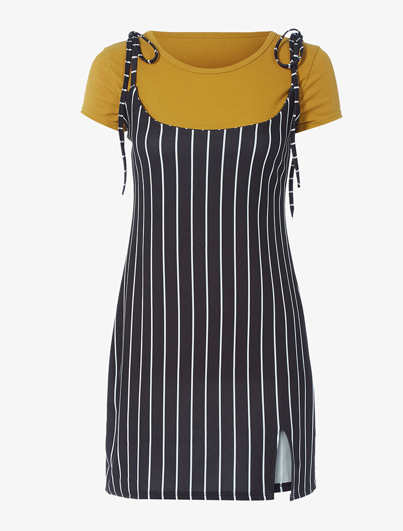 Robe rayée et t-shirt côtelé - moutarde - 1