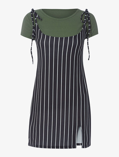 Robe rayée et t-shirt côtelé - kaki - 3