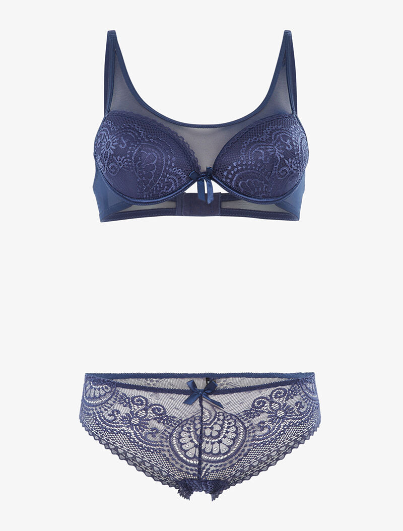 Ensemble en dentelle ajourée et tulle - bleu indigo - 1