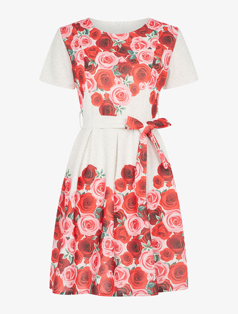 Robe coupe patineuse à imprimé foulard et roses - beige/rouge - 1
