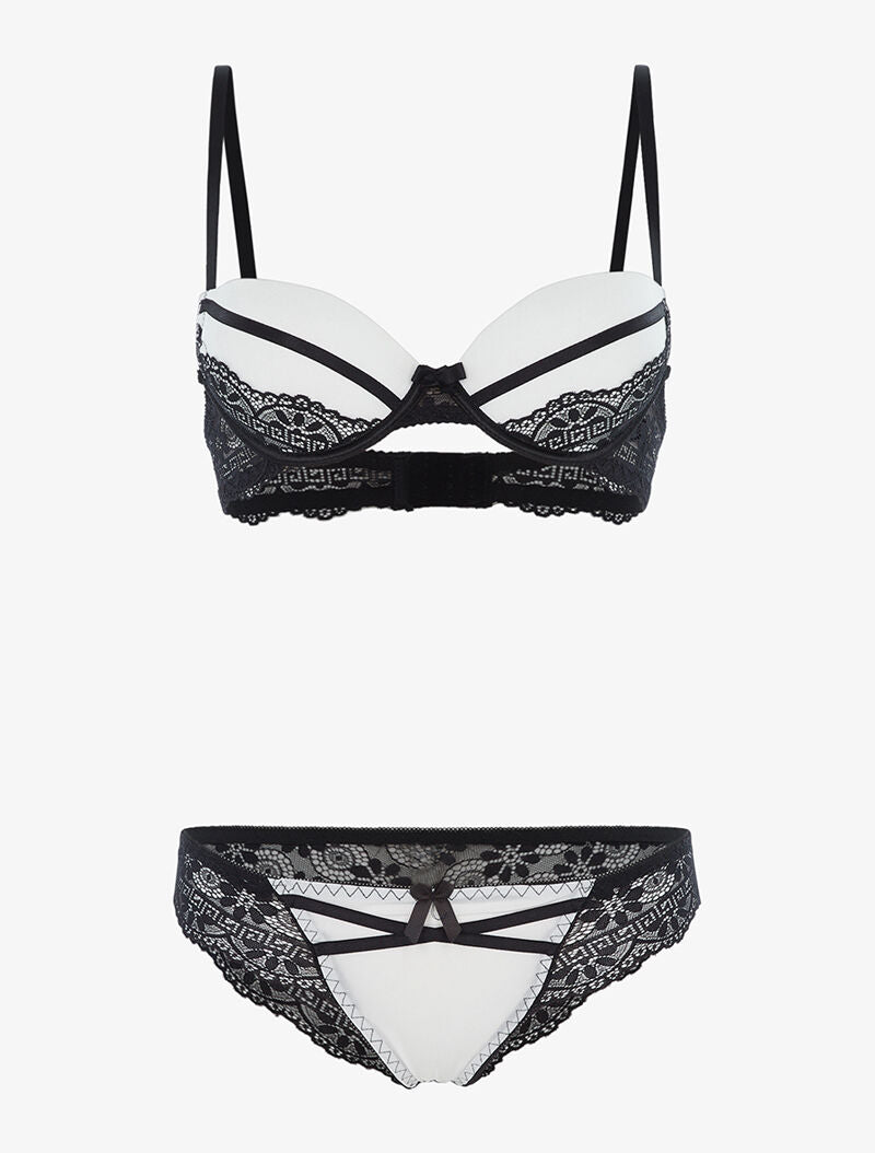 Ensemble à empiècements dentelle et tanga - noir/blanc - 3