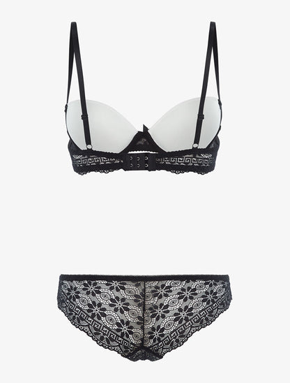 Ensemble à empiècements dentelle et tanga - noir/blanc - 2