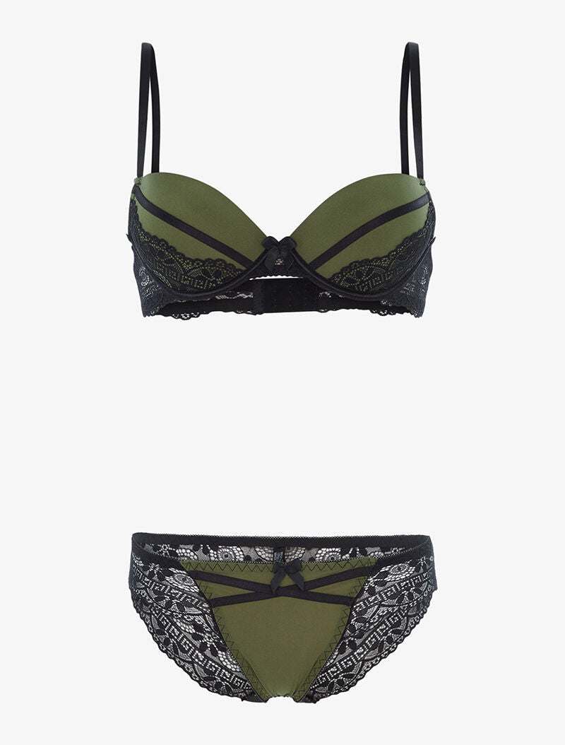 Ensemble à empiècements dentelle et tanga - kaki/noir - 1