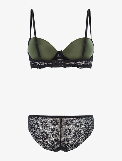 Ensemble à empiècements dentelle et tanga - kaki/noir - 2