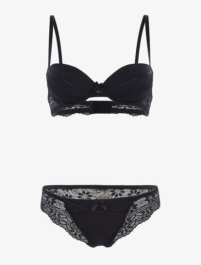 Ensemble à empiècements dentelle et tanga - noir - 1