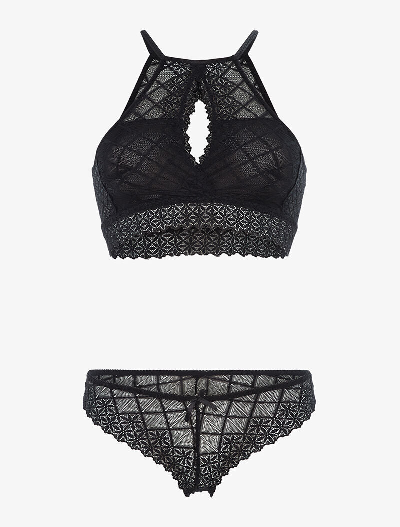 Ensemble brassière en dentelle et tanga - noir - 1