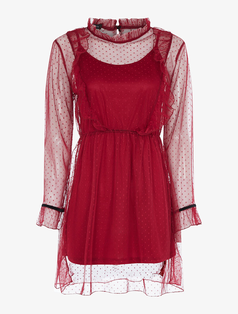 Robe en voile doublée à pois - lie de vin - 3