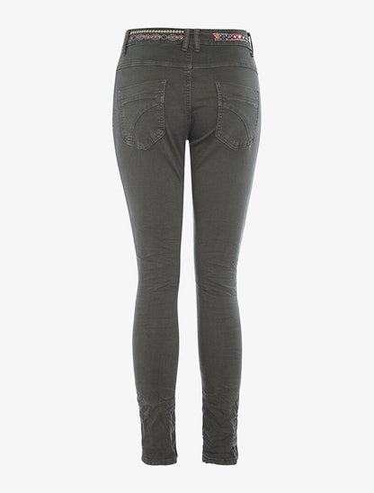 Jean taille brodée fantaisie - kaki - 2