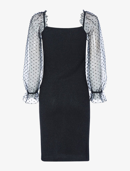 Robe côtelée pailletée à manches bouffantes en voile - noir - 2
