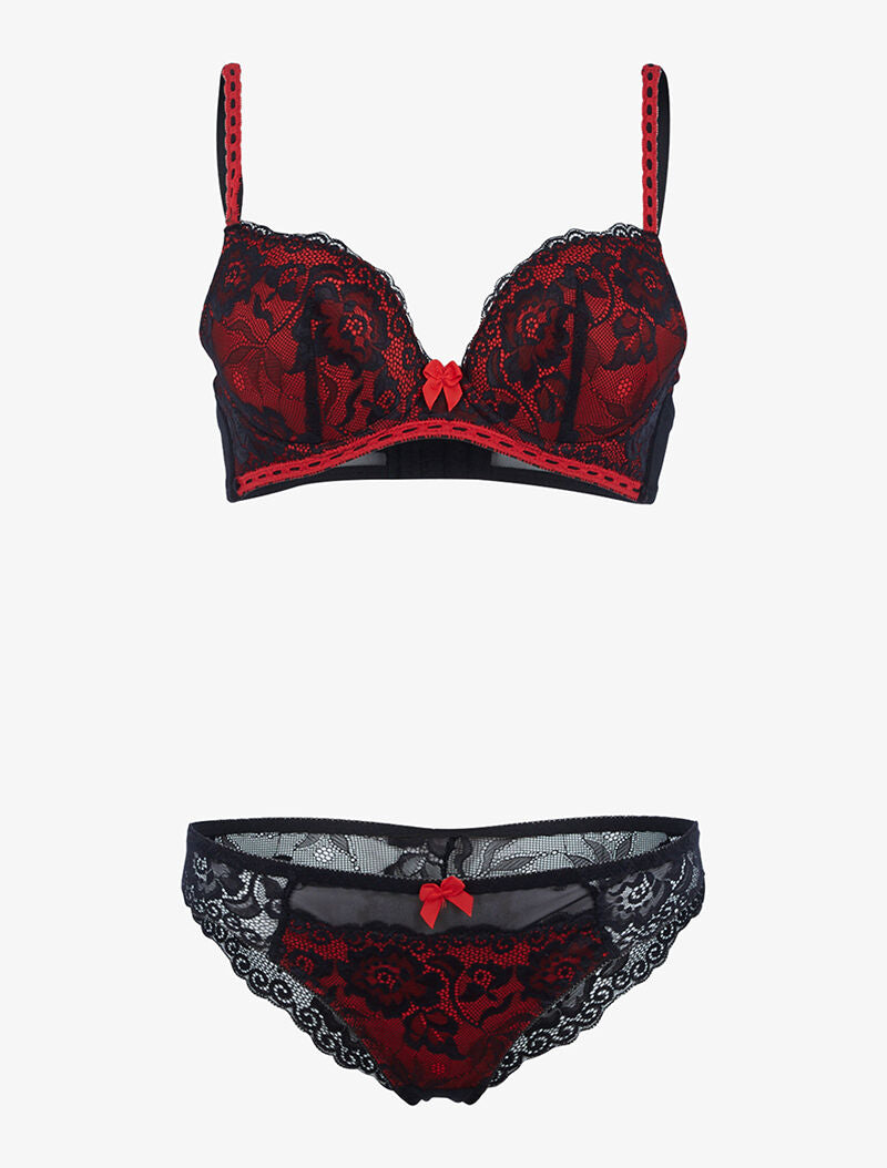 Ensemble satiné et dentelle fleurie - rouge/noir - 1
