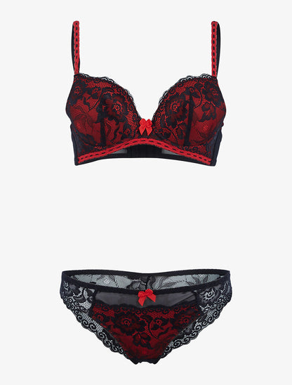 Ensemble satiné et dentelle fleurie - rouge/noir - 1