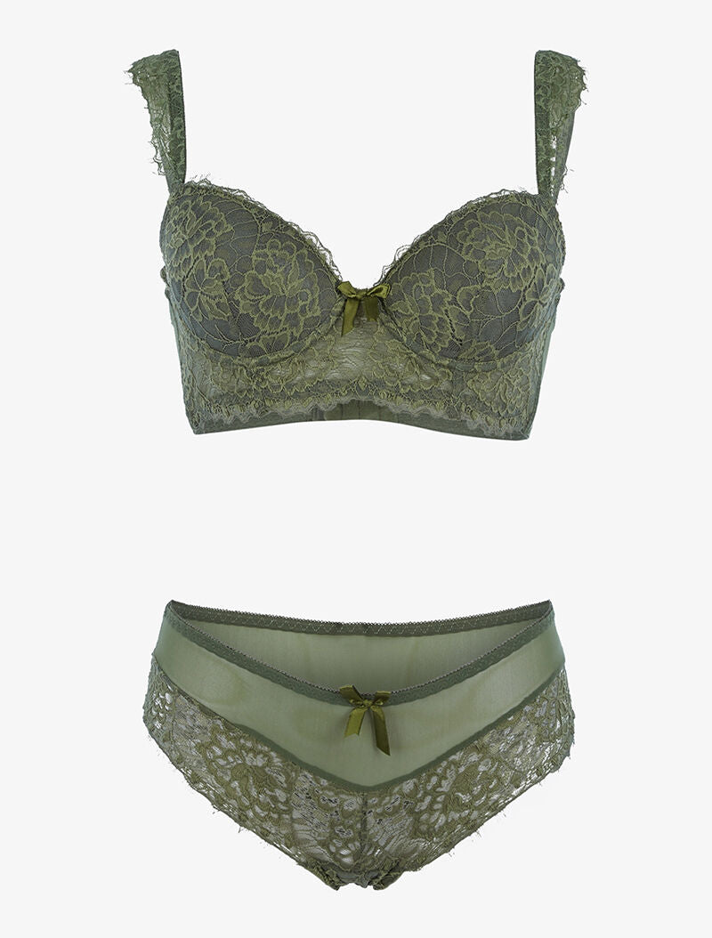 Ensemble en résille et dentelle fleurie - kaki - 3