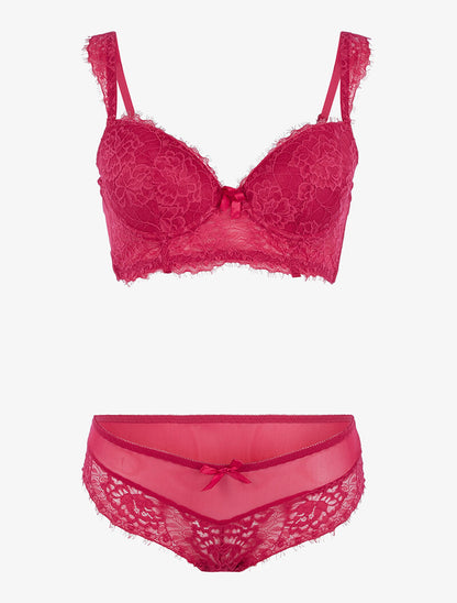 Ensemble en résille et dentelle fleurie - rouge - 3