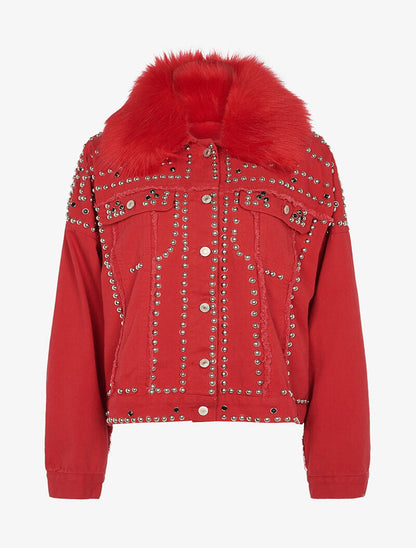 Veste en jean cloutée doublure amovible - rouge - 1