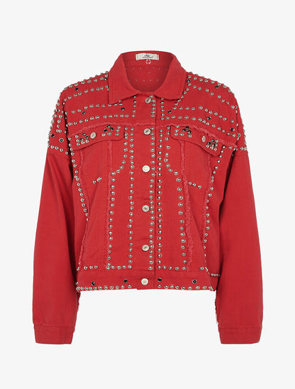 Veste en jean cloutée doublure amovible - rouge - 3