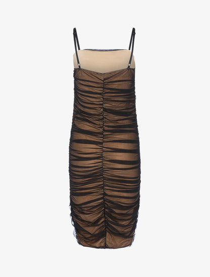 Robe fourreau en tulle plissée - camel/noir - 2