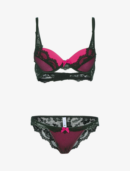 Ensemble satiné avec résille et dentelle - noir/fushia - 3