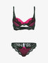 Ensemble satiné avec résille et dentelle - noir/fushia - 3