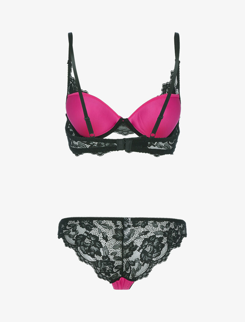 Ensemble satiné avec résille et dentelle - noir/fushia - 2