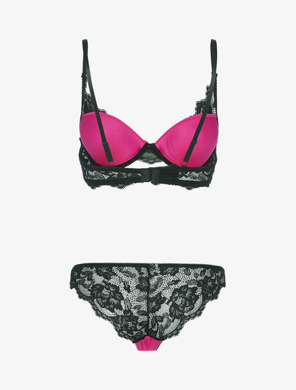 Ensemble satiné avec résille et dentelle - noir/fushia - 2