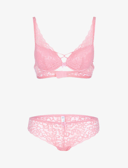 Ensemble en dentelle festonnée fleurie - rose - 3