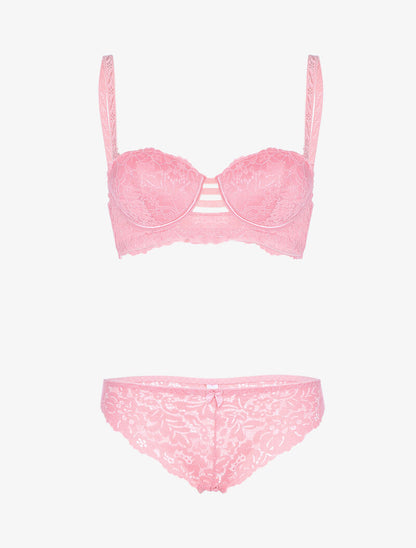 Ensemble bustier en dentelle festonnée et lanières - rose - 3