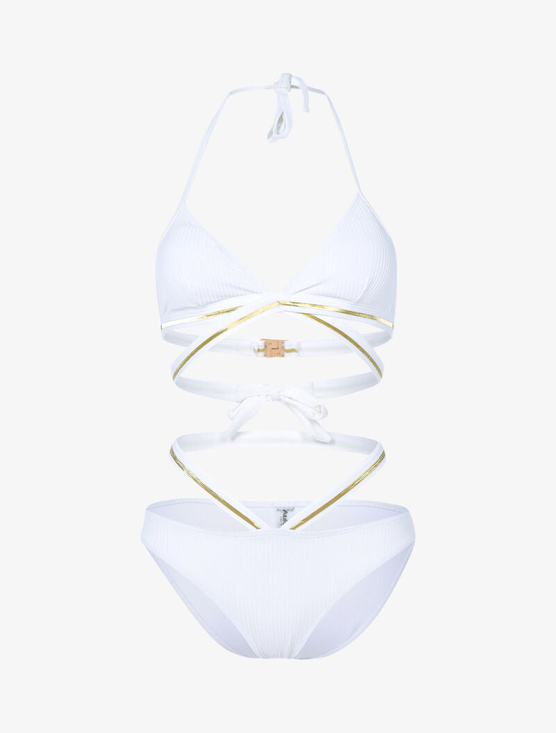 Bikini côtelé à bandes dorées - blanc - 1