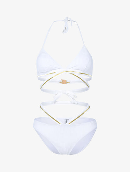 Bikini côtelé à bandes dorées - blanc - 1