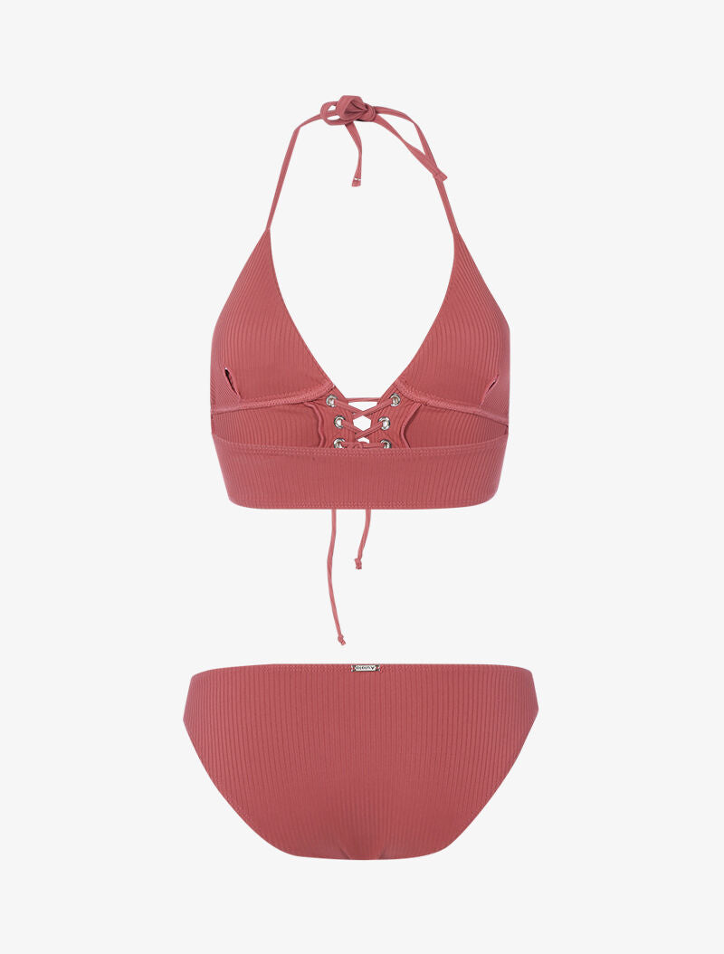 Bikini triangle côtelé à corset - vieux rose - 2