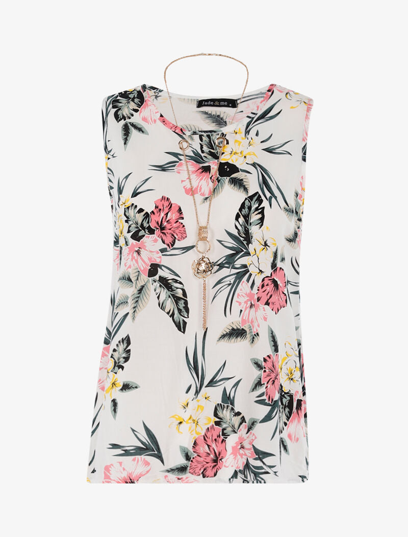 Top à imprimé fleuri et sautoir - blanc - 3