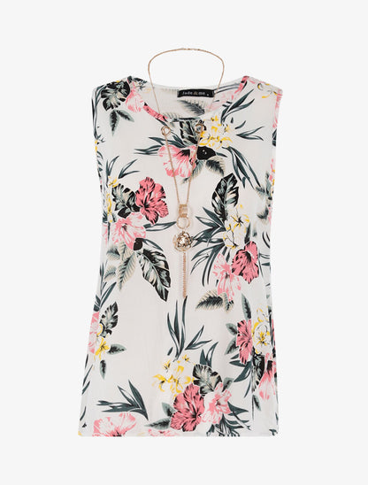 Top à imprimé fleuri et sautoir - blanc - 3