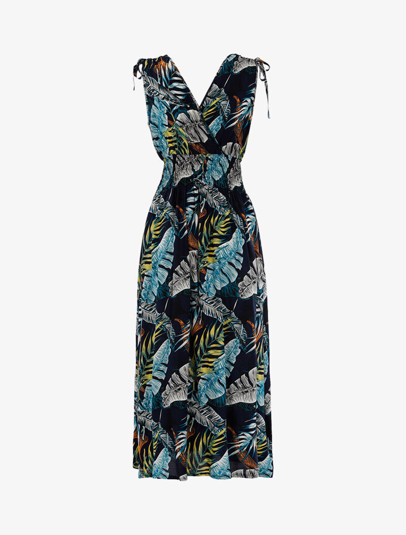 Robe à buste cache-coeur et imprimé tropical - marine - 2