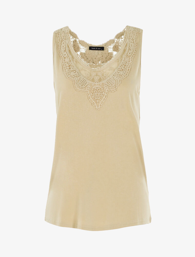 Top à empiècements tulle et crochet - beige - 1