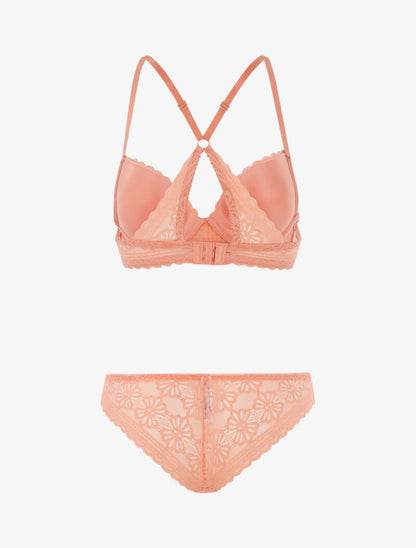 Ensemble dentelle fleurie à dos nageur et tanga - corail - 2