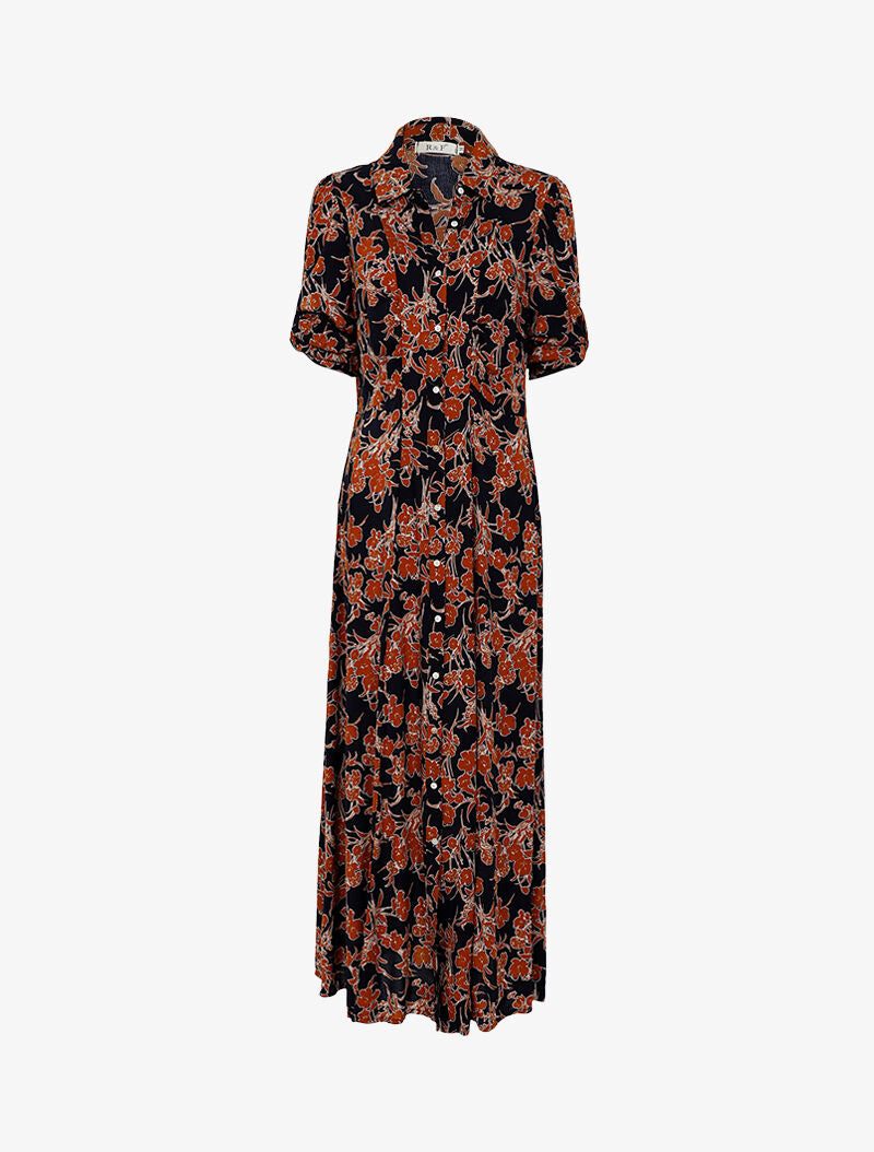 Robe chemise à imprimé fleurs stylisées - marine/camel - 1