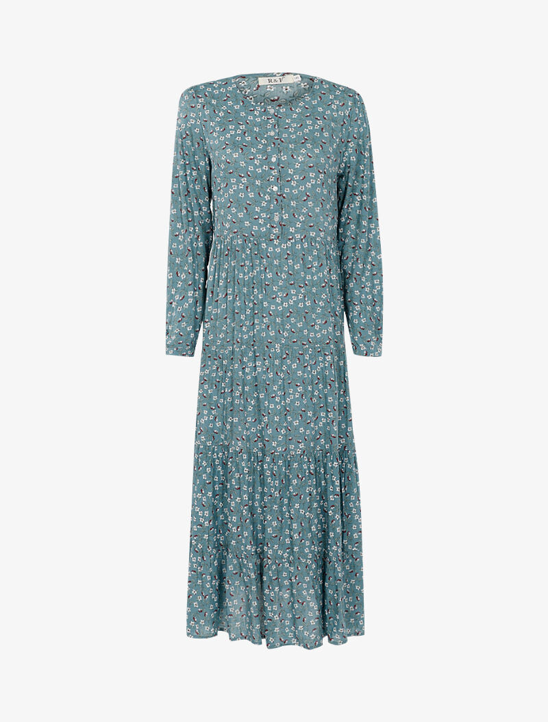 Robe longue trapèze fleurie - bleu - 1